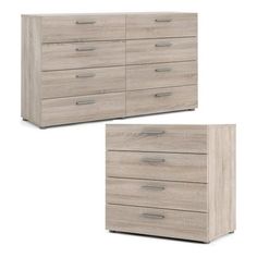 two wooden dressers side by side, one in grey and the other in white