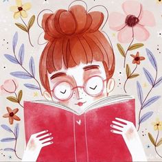 a girl reading a book with glasses on her face and flowers around her head in the background