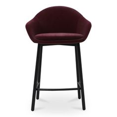 an upholstered bar stool with black legs and a maroon velvet seat, viewed from the front