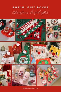 many different christmas themed items are shown in this collage with the words blemm gift boxes written below