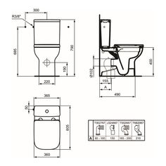 technical drawing of the toilet with seat and back to wall lid, showing measurements for each section