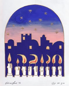 a painting of candles with buildings in the background