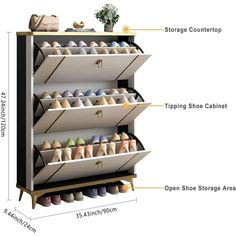 the shoe rack is labeled with different types of shoes