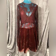 Beautiful Long Lace Sleeve Dress With Velvet. Pet Friendly Smoke Free Home. New With Tags Lace Sleeve Dress, Lace Dress With Sleeves, Burgundy Lace, Long Sleeve Lace Dress, Free People Dress, Large Size Dresses, Lace Sleeves, Velvet Dress, Sleeve Dress