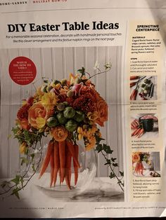 a newspaper article with flowers and carrots on it's front page, featuring an easter centerpiece