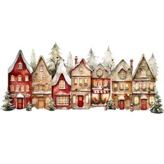 a christmas scene with houses and trees