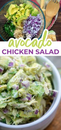 avocado chicken salad in a bowl with the title above it