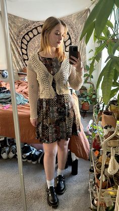 patterned dress with thrifted crocheted top, mary jane doc martens. Doc Martens Outfit Mary Jane Shoes, Styling Dr Martens Mary Janes, Doc Mary Janes Outfit, Mary Jane Docs Outfit, Mary Jane Outfit Casual, Doc Martens Mary Janes Outfit