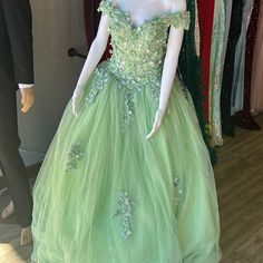 Brand New Sage, Colored Off The Shoulder, Quinceanera Dress. Elegant Green Quinceanera Dress, Elegant Green Floor-length Quinceanera Dress, Elegant Green Quinceanera Dress For Evening, Elegant Spring Quinceanera Dresses, Green Spring Dress For Debutante Ball, Green Dress For Debutante Ball In Spring, Off The Shoulder Quinceanera Dress, Fiesta Dress, Quinceanera Dress