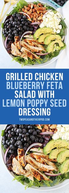 grilled chicken, blueberry feta salad with lemon poppy seed dressing on top