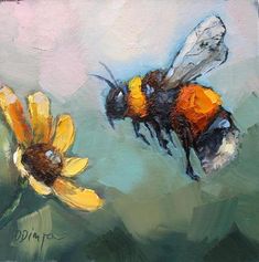 a painting of two bees flying over a yellow flower