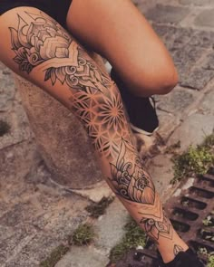 Leg Sleeves For Women, Geometric Leg Tattoo, Female Leg Tattoos, Mandala Tattoo Leg, Female Sleeve Tattoo Ideas, Sock Tattoo, Female Sleeve Tattoo, Upper Thigh Tattoos, Delicate Tattoos For Women