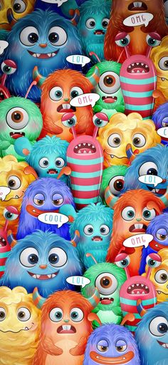 an image of many different colored monsters in the same pattern, with one looking at the camera