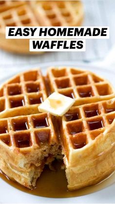 two waffles on a plate with syrup and butter