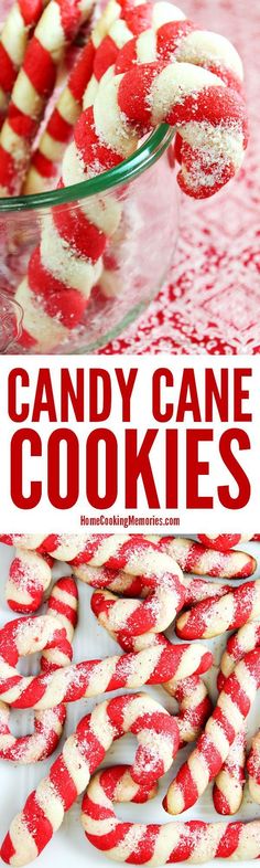 red and white candy cane cookies are on a plate with the words, candy cane cookies