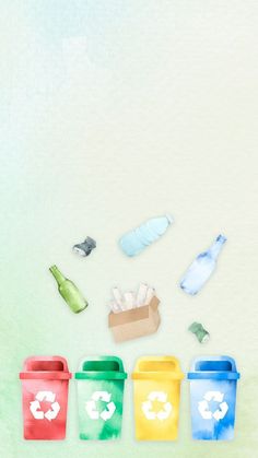 trash cans and bottles are arranged in the shape of recyclables