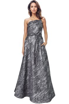 Asymmetric Strapless Brocade Gown Brocade Gown, Strapless Neckline, Pre Fall Collection, A Line Gown, Real Women, Tie Belt, Timeless Elegance, A Line, Twist