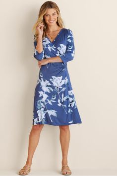 Plus-size Hyannis Dress | Soft Surroundings Faux Wrap Fitted Midi Dress, Fitted Faux Wrap Dress For Spring, Fall Dress With Faux Wrap And Surplice Neckline, Fall Dresses With Faux Wrap And Surplice Neckline, Blue Faux Wrap Dress For Spring, Fitted Wrap Dress With Surplice Neckline For Spring, Spring Ruched Wrap Dress For Work, Blue Faux Wrap Spring Dress, Spring Ruched Wrap Dress