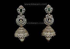 18 karat gold '4 in 1' detachable diamond jhumkas - diamond dangle earrings with color stones & south sea pearls
  this product has inter changeable stones in the earrings
  width of the jhumka : 1.00 inches
  note: only front side has diamonds as shown in the picture, the back part of the jhumka which is not visible from the front is only gold without diamonds     

introducing our exquisite 18 karat gold '4 in 1' detachable diamond jhumkas, the epitome of elegance and sophistication. Real Diamond Earrings Kameswari Jewellers, Diamond Earrings Indian, Diamond Jhumkas, Diamond Earrings Design, Earrings Indian, Earrings Design, Color Stones, Diamond Dangle Earrings, Ear Rings