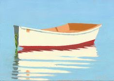 a painting of a boat floating in the water with its reflection on the water's surface