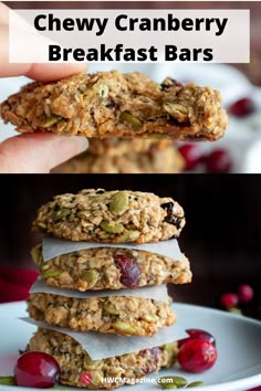 chewy cranberry breakfast bars are stacked on top of each other with cherries