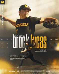 a baseball player pitching a ball on top of a field with the words brock lucas in front of him