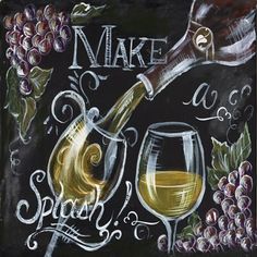 a chalkboard with wine and grapes painted on it