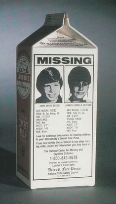 an old milk carton with two pictures of the same person on it and one is missing