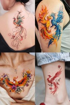 four different pictures of colorful tattoos on women's back and arms, each with an image of a bird