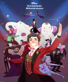 the greatest showman movie poster with many people in costume and onlookers