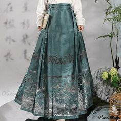 Olivia Mark - Gold Horse Face Skirt with Snow Lotus Flower: Enhanced Traditional Chinese Hanfu with Modern Airplane Sleeves for Everyday Wear Face Skirt, Snow Lotus, Traditional Chinese Hanfu, Yoga Skirt, Mid Calf Skirt, Gold Horse, Horse Face, Chinese Hanfu, Half Skirt