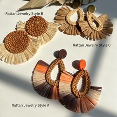 Island-bae or nah? Escape to paradise with these Rattan Statement Earrings. Perfect for your dream vacation wardrobe. Handcrafted with natural rattan and polymer clay. These designs exude elegance and add a touch of bohemian charm. Lightweight and versatile, these rattan treasures complement your vacation looks, beachwear, and exotic wardrobe pieces. Embrace the beauty of nature and the spirit of adventure with the Rattan Jewelry Collection. Drop length: 3" Store in enclosed muslin jewelry bag o Rattan Jewelry, Vacation Bag, Wardrobe Pieces, Vacation Wardrobe, Vacation Looks, Bag Charms, Jewelry Bag, Dream Vacation, Handmade Home