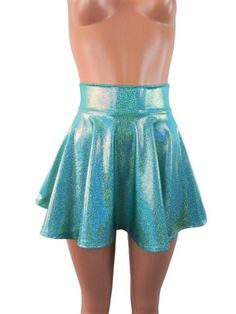 "Please measure yourself to see which length is right for you Marine/ Seafoam spandex skater skirt 15\" shown on mannequin. High waist skirt can be worn lower or higher most skirts allow you to place the waistline where it suits you on your particular body shape and personal desire! this fun flirty skirt is a full circle design and can be ordered in lengths of 10 inch, 12 inch, 15 inch and 19 inch- if you need a longer length contact me for a quote. Any of my items can be made in any spandex fab Shiny Fitted Party Shorts, Shiny Fitted Shorts For Party, Fitted Mini Skirt For Costume Party In Spring, Fitted Mini Skirt For Spring Costume Party, Shiny Shorts For Party, Shiny Fitted Shorts For Night Out, Shiny Short-length Party Bottoms, Shiny Short Length Party Bottoms, Spring Dance Mini Skirt With Stretch