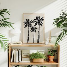 a shelf with books and plants on it