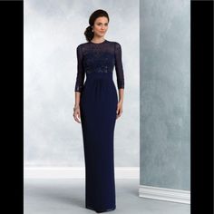 Three-Quarter Sheer Sleeved Long Chiffon Gown With A Beaded Illusion High Neckline Beaded Detailed Bodice And A Fitted Skirt Gathered At The Waist Long Sleeve Lace Gown, Pioneer Dress, Mothers Gowns, Mother Of The Bride Gown, Alfred Angelo, Mob Dresses, Bridesmaid Dress Colors, Beaded Chiffon, Special Occasion Dress