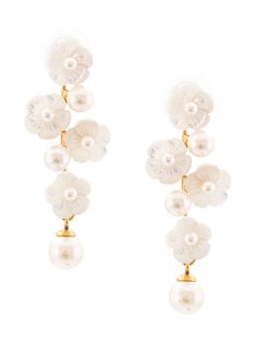 White Calissa earring from Jennifer Behr featuring Swarovski crystal flowers, mother of pearl embellishment, a press stud fastening and flower-shaped pendants. This is a single earring. | Jennifer Behr Calissa earring Bijoux Art Nouveau, Jennifer Behr, Steampunk Accessories, Bride Earrings, Baroque Pearl Earrings, Earrings White, Pearl Gemstone, Diamond Hoop Earrings, Mother Pearl