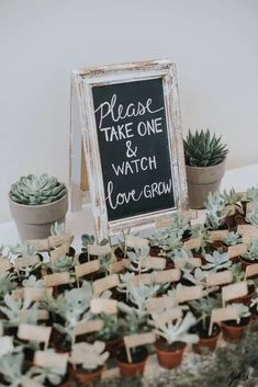 there is a sign that says please take one and watch love grow next to some succulents