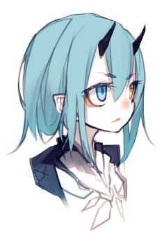 an anime character with blue hair and horns