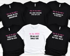 "Customize your bachelorette party shirts to match the personalities of each of your attendees. Please indicate in the personalization box what you would like each shirt to say after \"I'm here for the bride &\".  If you have any questions or further customization requests, please message me and I will work with you.  This Bella + Canvas 3001 classic unisex jersey short sleeve tee fits like a well-loved favorite. Soft cotton and ribbed knit collars to bolster shaping. The shoulders have taping f Friends Bachelorette, Bridal Tips, Bachelorette Trip, Bachelorette Party Shirts, Party Shirts, Matching Shirts, Personalized Shirts, Personalities, Bachelorette Party