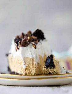 a piece of cheesecake on a plate with chocolate chips and whipped cream in the middle