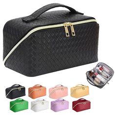 the large cosmetic bag has multiple compartments and zippers on each side, including one for makeup