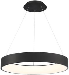 a black circular light fixture with white lights on the bottom and an oval shape hanging from the ceiling