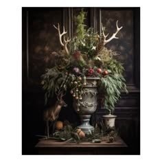 a vase filled with flowers and antlers sitting on top of a table next to a deer