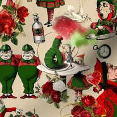 an image of christmas fabric with elves and santa clauss on the table, in red and green