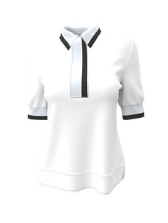 This top is how A.PUTNAM delivers a polo. In a beautifully airy fabric, this drapes like a blouse. The finished hem allows you to elegantly keep it untucked but is long enough to stay tucked in. The exaggerated sleeve hits just above the elbow which gives these a modern feel. It pairs perfectly with our Kick Flare Pant. Formal Polo Collar Top With Placket, Formal Tops With Polo Collar And Placket, White Collared Top With Placket, Classic Formal Tops With Polo Collar, Classic Formal Top With Polo Collar, White Office Top With Shirttail Hem, Fitted Tops With Placket And Shirttail Hem, Fitted Top With Placket And Shirttail Hem, Chic Tops With Placket And Shirttail Hem