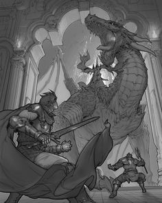 ArtStation - Gate Of Dragon, Xiaosheng Bai Dragon And Knight Drawing, Dragon Perspective Drawing, Perspective Concept Art, Dragon Attacking, Dragon And Knight, Knight And Dragon, Dragon Battle, Dragon Poses, Drawing Dragon