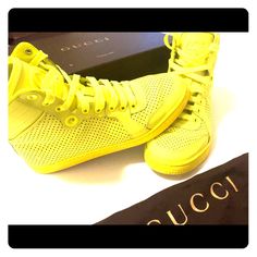 Gucci High Top Sneakers, Leather Neon Yellow, Size 5.5, Gently Used, Dust Bag Included, Box Included. (Men’s Size 5.5, I Wear Women’s 6.5, They Fit Perfect!) Gucci Yellow Sneakers For Streetwear, Yellow Gucci Sneakers For Streetwear, Gucci Yellow Streetwear Sneakers, Yellow Gucci Sneakers With Branded Insole, Gucci Yellow Sneakers With Round Toe, Gucci Yellow Low-top Sneakers, Gucci Yellow Leather Sneakers, Yellow Leather Gucci Sneakers, Designer Sneakers With Perforations