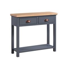 a grey console table with two drawers on one side and a wooden top, against a white background