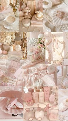 a collage of pink and white items