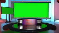 an empty studio set with green screen